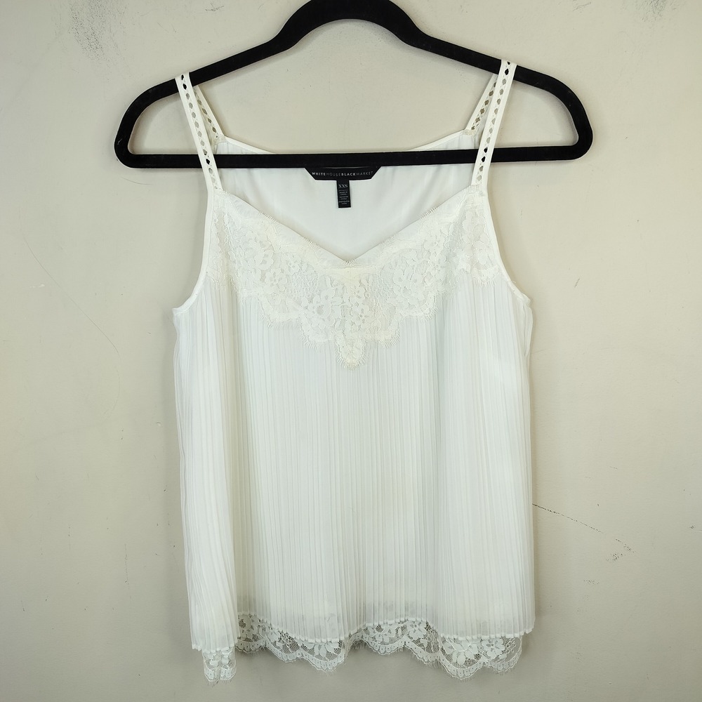 White House Black Market Pleated Tank Top Cami XXS Lace Trim Chiffon White